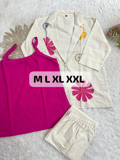 LURVI Premium Floral Embroidered Cotton Flax 3-Piece Coord Set