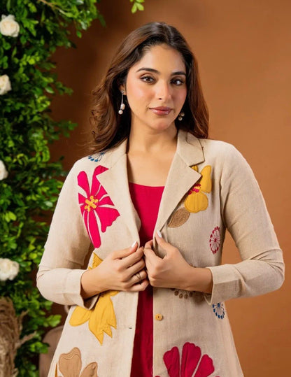 LURVI Premium Floral Embroidered Cotton Flax 3-Piece Coord Set