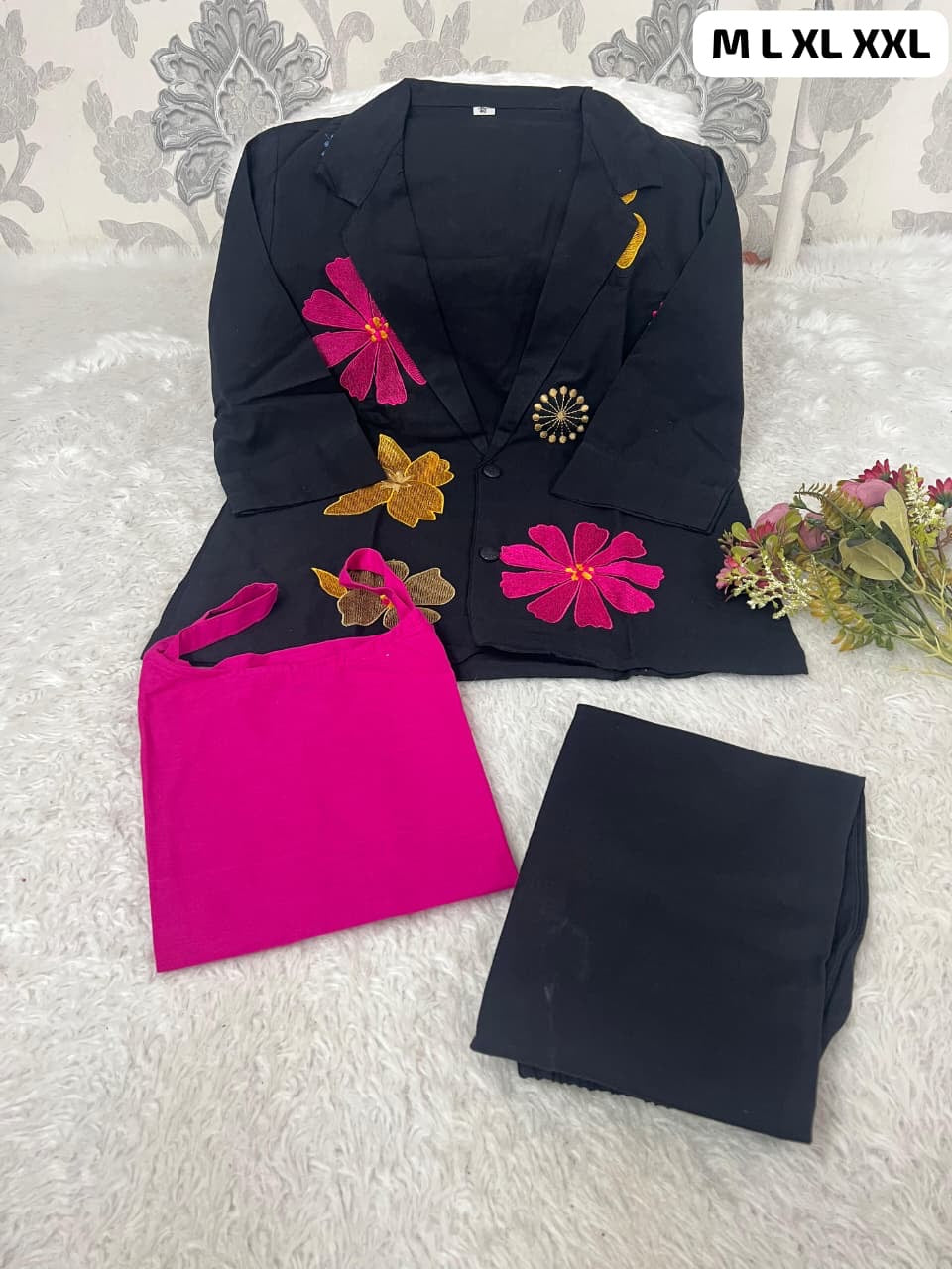 LURVI Premium Floral Embroidered Cotton Flax 3-Piece Coord Set