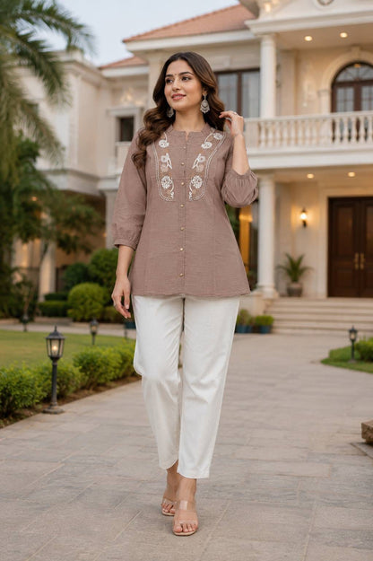 LURVI Women's Embroidered Rayon Slub Co-Ord Set – Mocha Brown