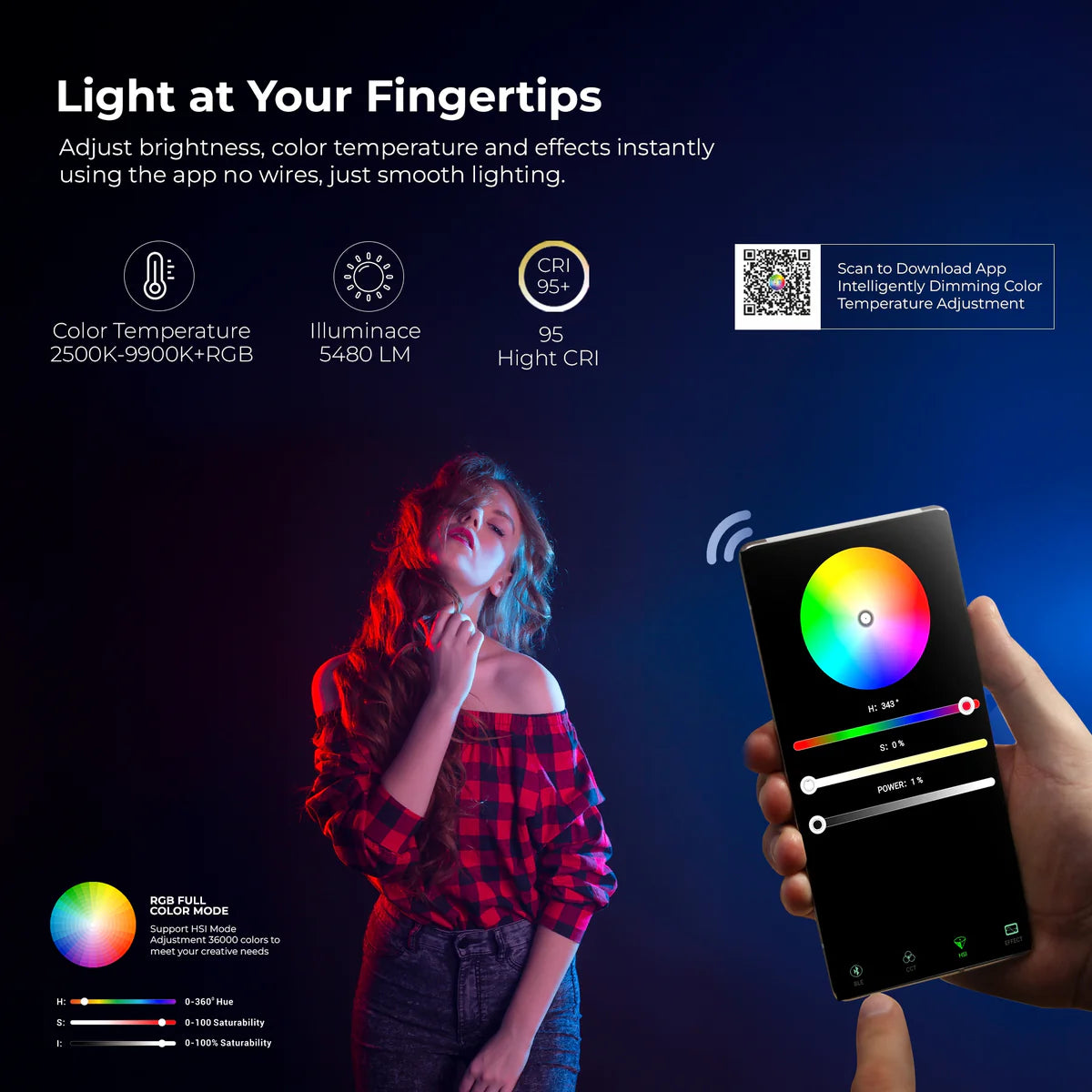 Digitek (DSL 27W RGB) 27W LED Stick Light Wand with Barndoor & Built-in Battery, 2500K-9900K + RGB, 5480 Lux, 24 FX Modes, CRI 95+, OLED Display, 0-360° HSI, Type-C Charging, For Photo & Videography
