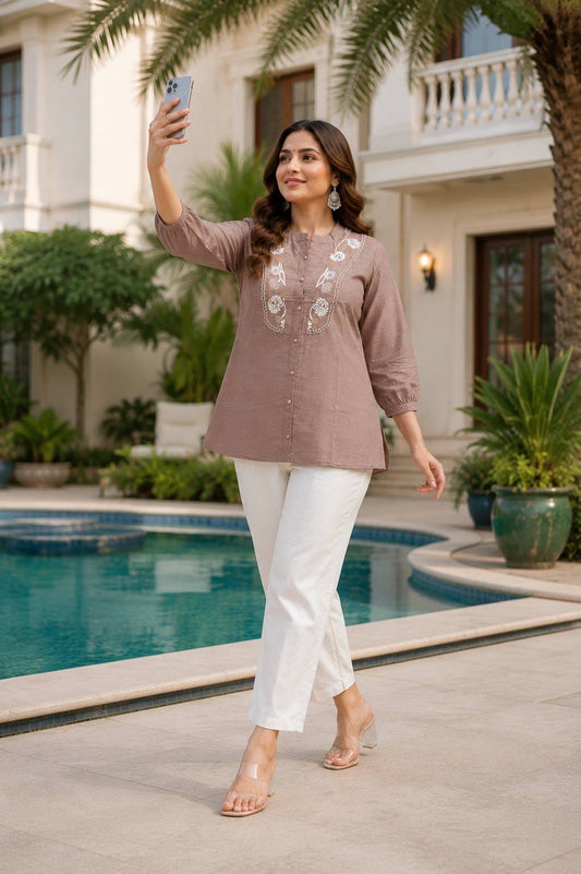 LURVI Women's Embroidered Rayon Slub Co-Ord Set – Mocha Brown