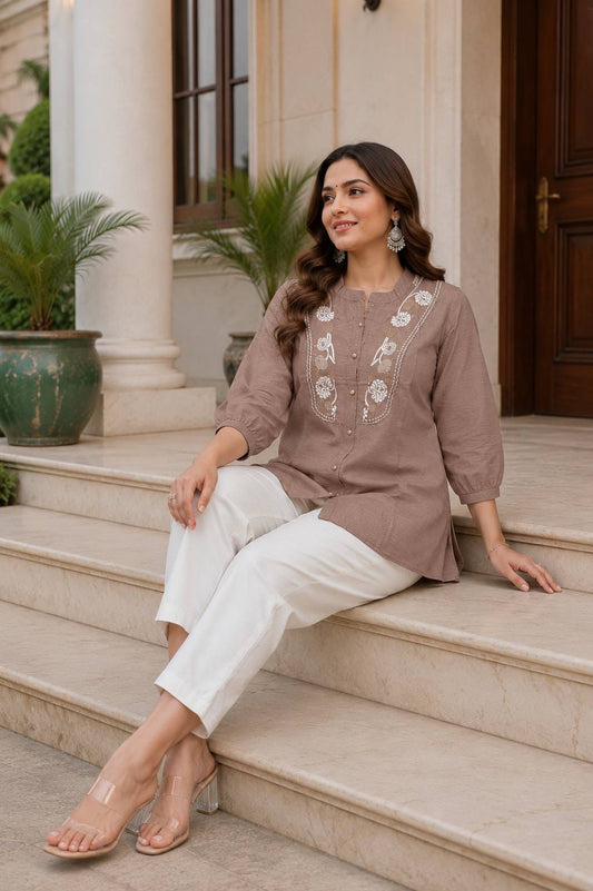LURVI Women's Embroidered Rayon Slub Co-Ord Set – Mocha Brown