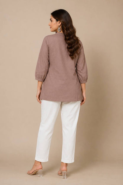 LURVI Women's Embroidered Rayon Slub Co-Ord Set – Mocha Brown